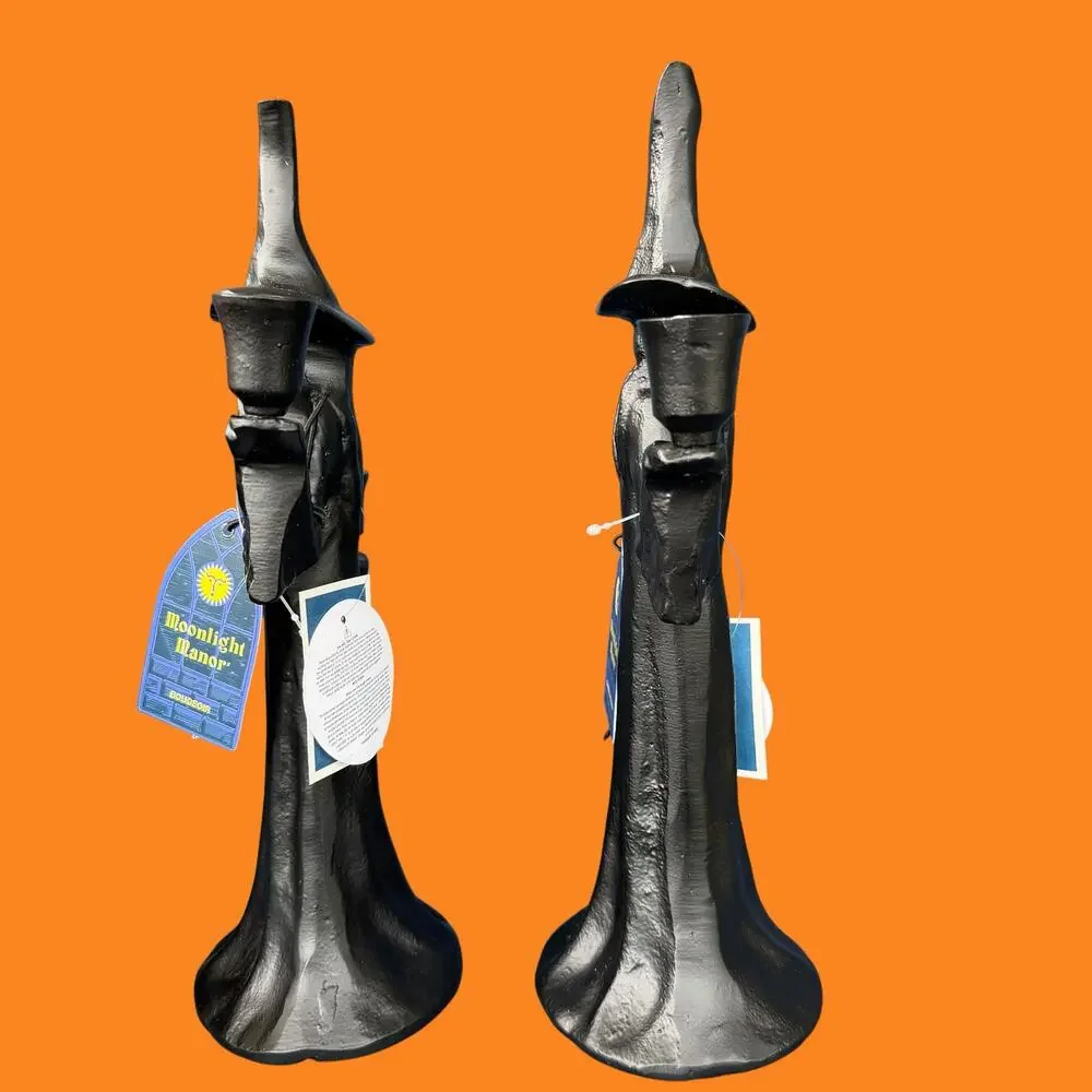Moonlight Manor Witch Candle Holder Pair Black Metal Halloween Gothic Taper NWT